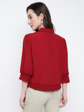 Latin Quarters Women's Maroon Half Sleeves Collar Neck Casual Solid Top