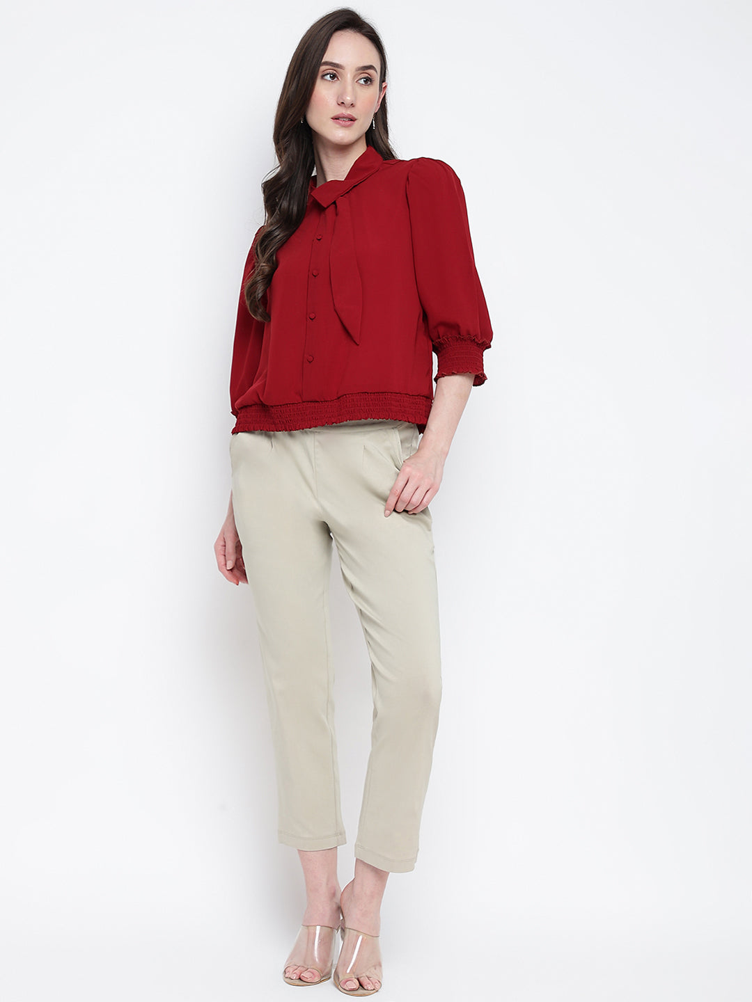 Latin Quarters Women's Maroon Half Sleeves Collar Neck Casual Solid Top