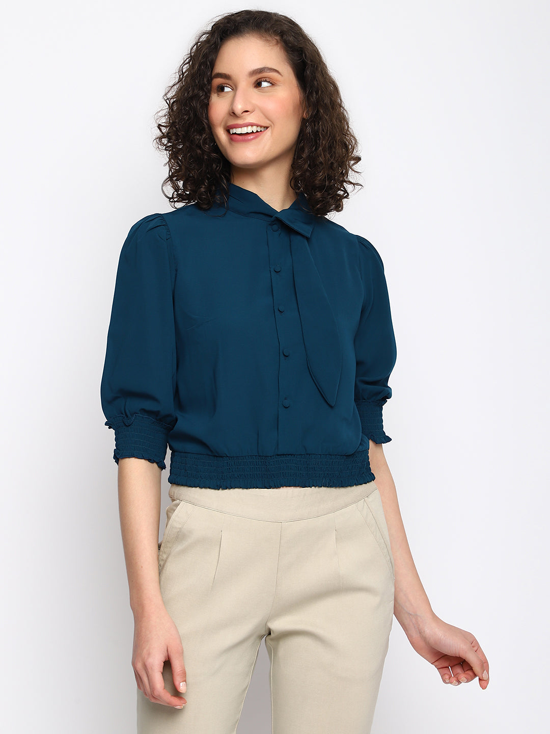 Latin Quarters Women's Teal Half Sleeves Tie Up Casual Solid Top