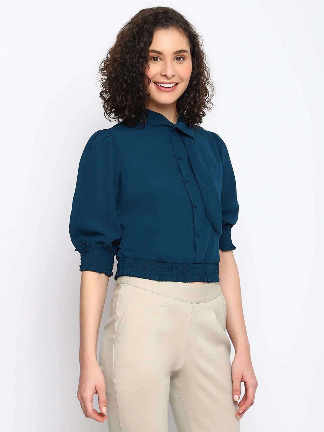 Latin Quarters Women's Teal Half Sleeves Tie Up Casual Solid Top