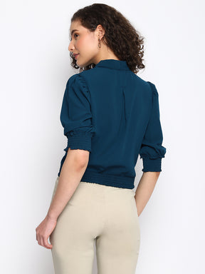 Latin Quarters Women's Teal Half Sleeves Tie Up Casual Solid Top