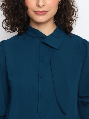 Latin Quarters Women's Teal Half Sleeves Tie Up Casual Solid Top