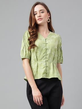 Green Half Sleeve Printed Pleated Blouse