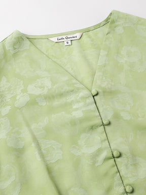 Green Half Sleeve Printed Pleated Blouse