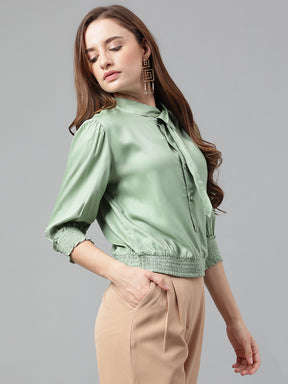 Green 3/4 Sleeve Solid Smocking Rayon Blouse