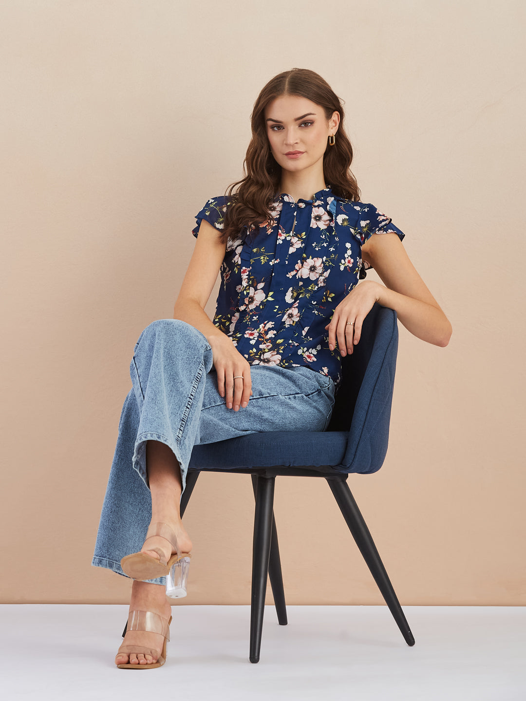Latin Quarters Women Blue Floral Print Short Sleeves High Neck Top for Casual Occasion