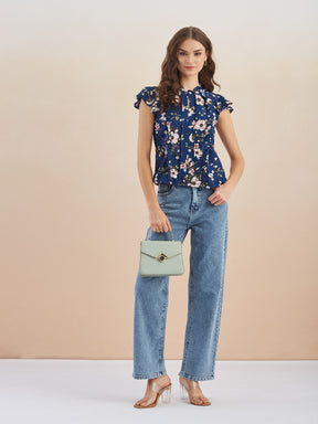 Latin Quarters Women Blue Floral Print Short Sleeves High Neck Top for Casual Occasion