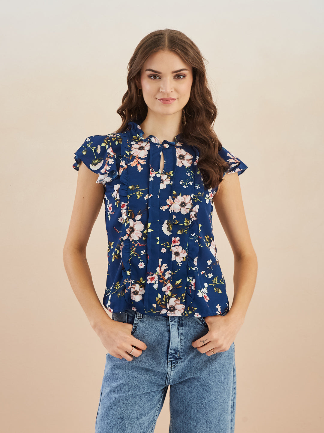 Latin Quarters Women Blue Floral Print Short Sleeves High Neck Top for Casual Occasion