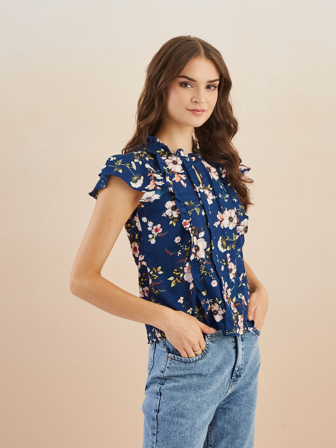 Latin Quarters Women Blue Floral Print Short Sleeves High Neck Top for Casual Occasion