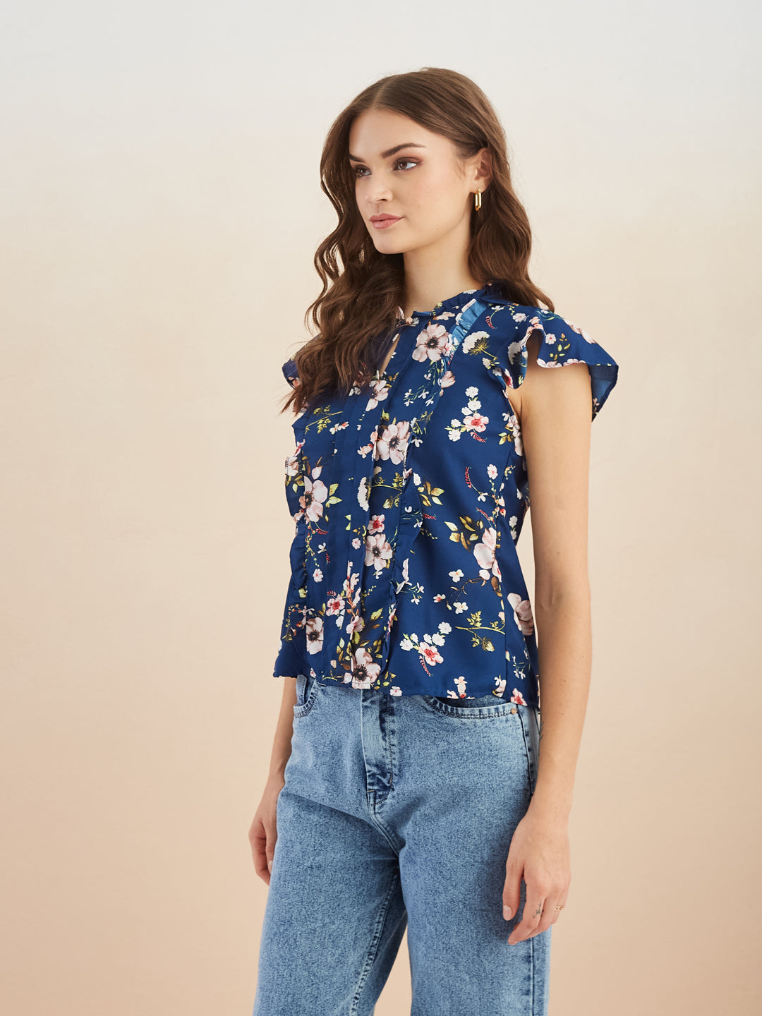 Latin Quarters Women Blue Floral Print Short Sleeves High Neck Top for Casual Occasion