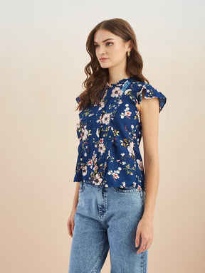 Latin Quarters Women Blue Floral Print Short Sleeves High Neck Top for Casual Occasion