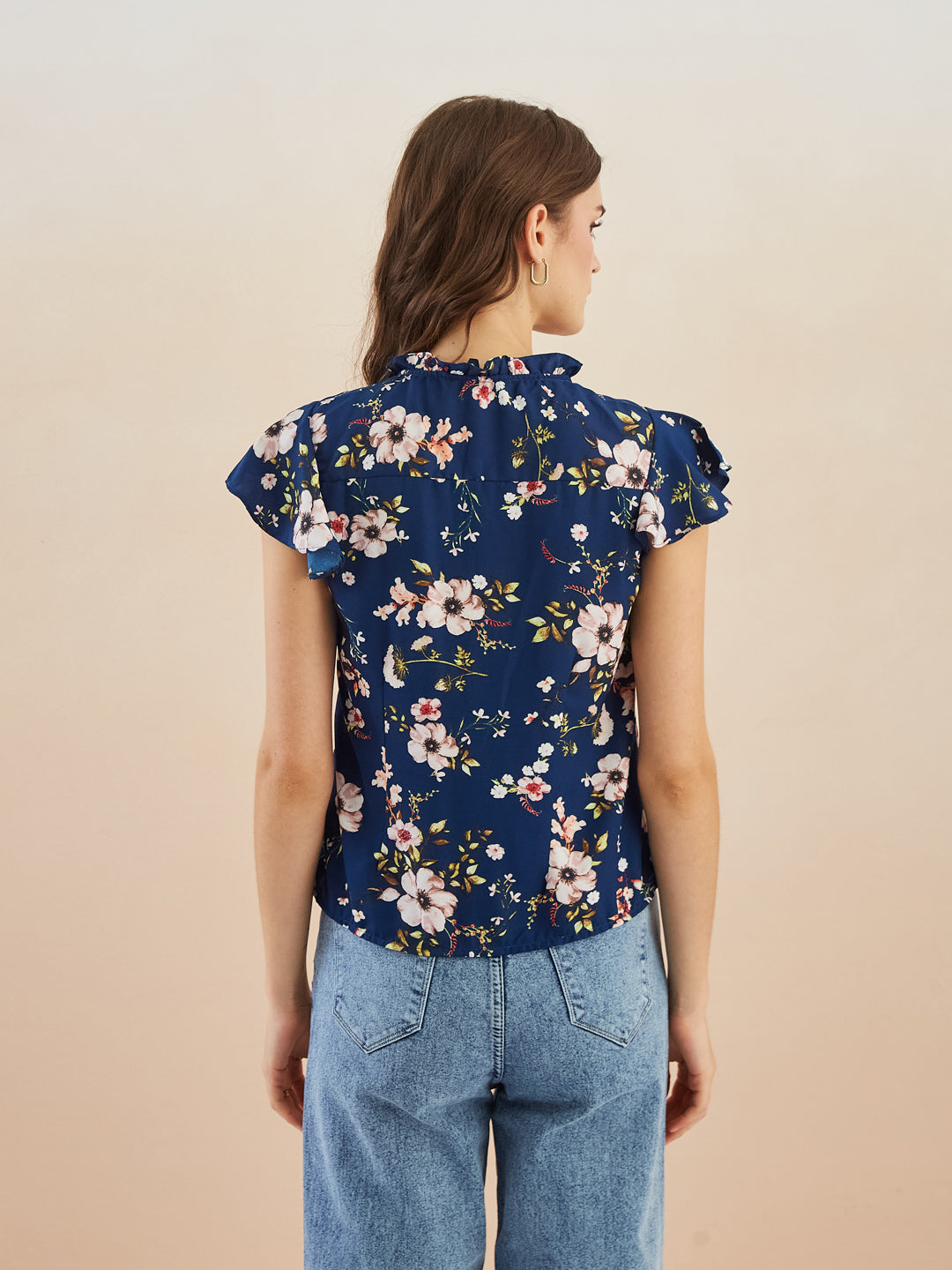 Latin Quarters Women Blue Floral Print Short Sleeves High Neck Top for Casual Occasion