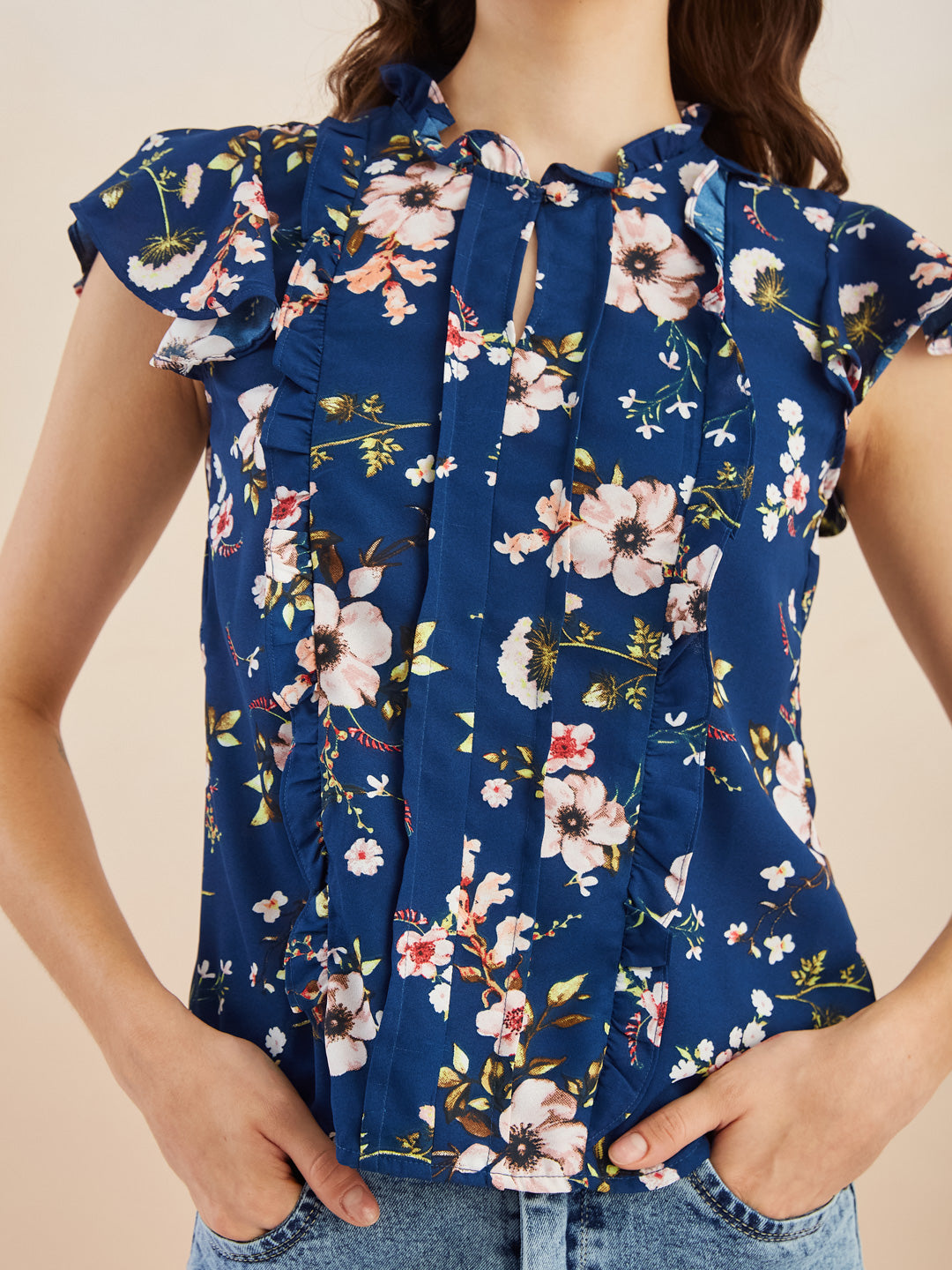 Latin Quarters Women Blue Floral Print Short Sleeves High Neck Top for Casual Occasion