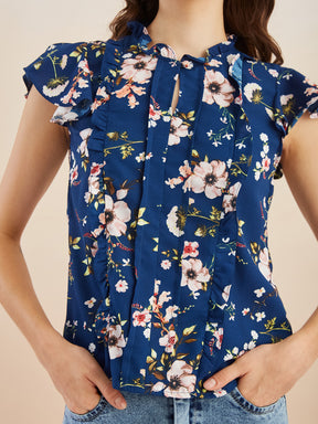 Latin Quarters Women Blue Floral Print Short Sleeves High Neck Top for Casual Occasion