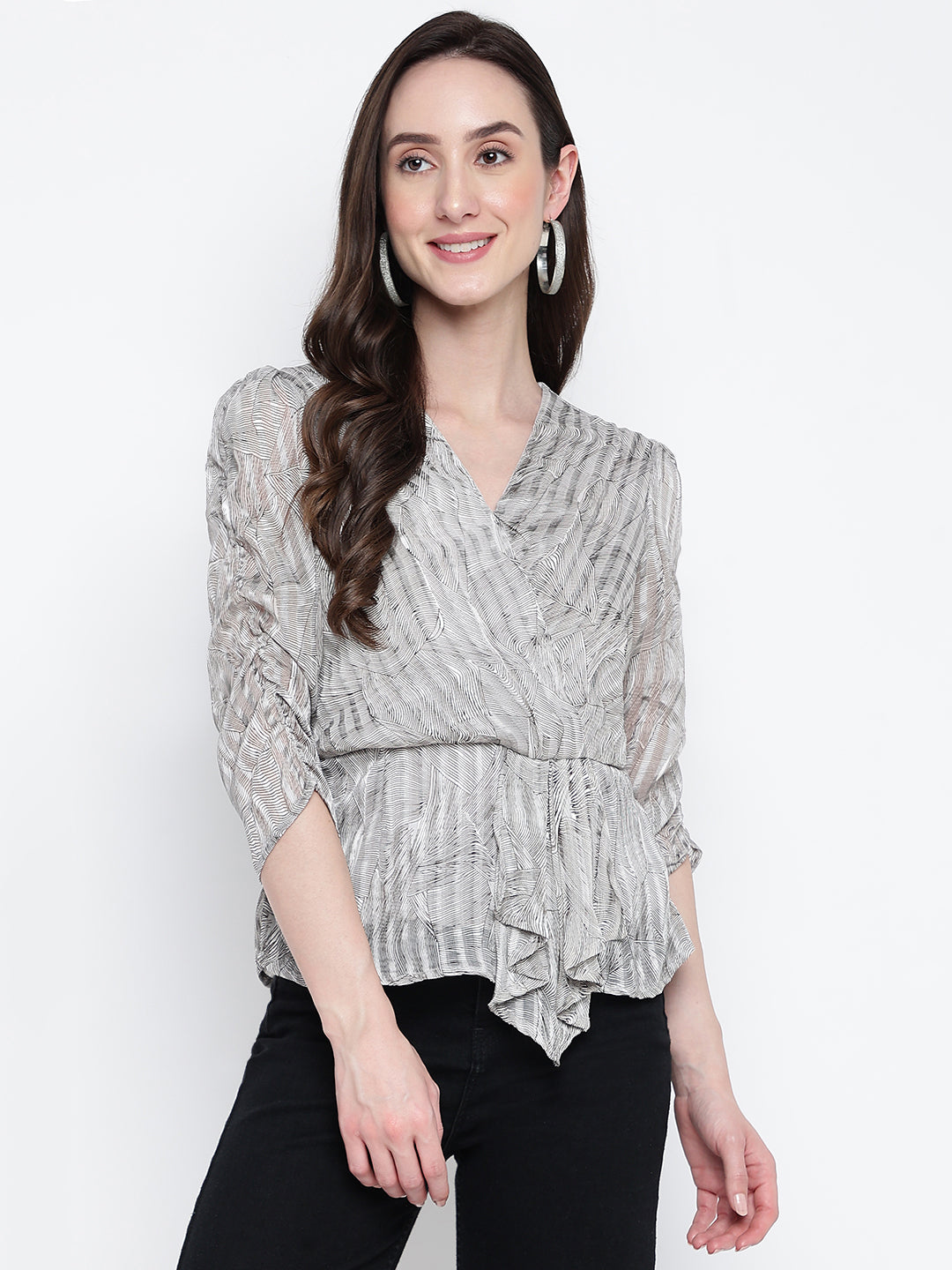 Black V-Neck Three-Quarter Sleeves Solid Top For Casual Wear