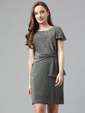 Grey Half Sleeve Solid Pleated Dress