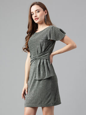 Grey Half Sleeve Solid Pleated Dress