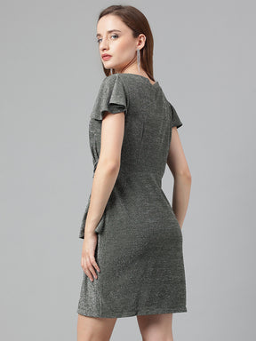 Grey Half Sleeve Solid Pleated Dress