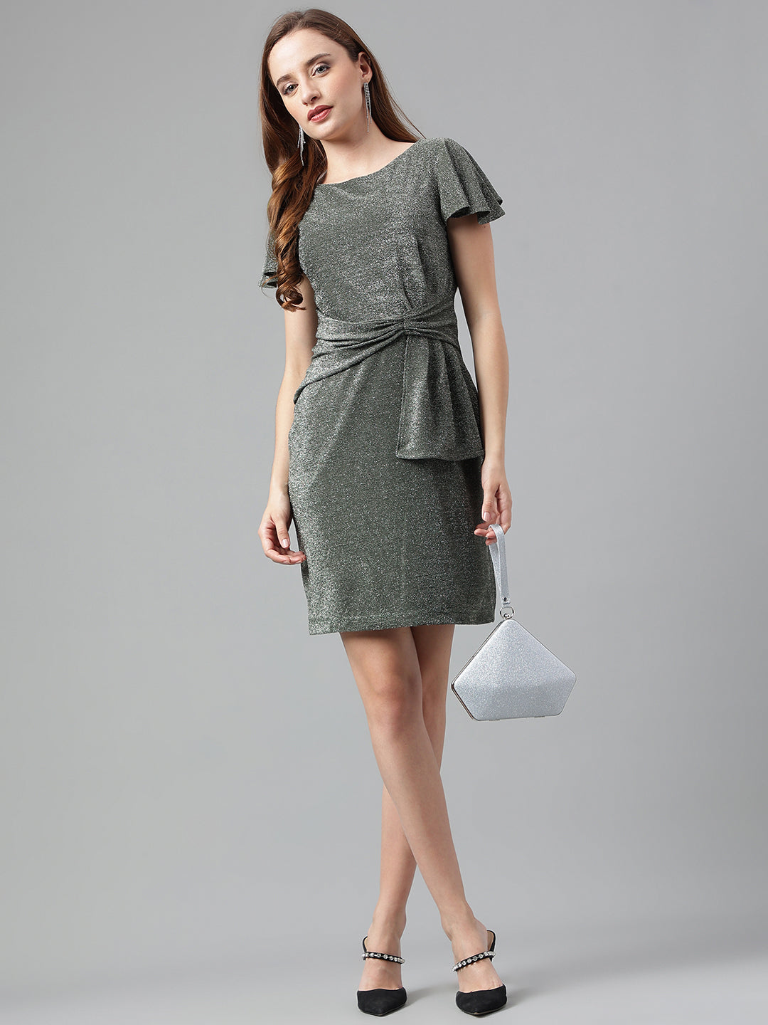 Grey Half Sleeve Solid Pleated Dress