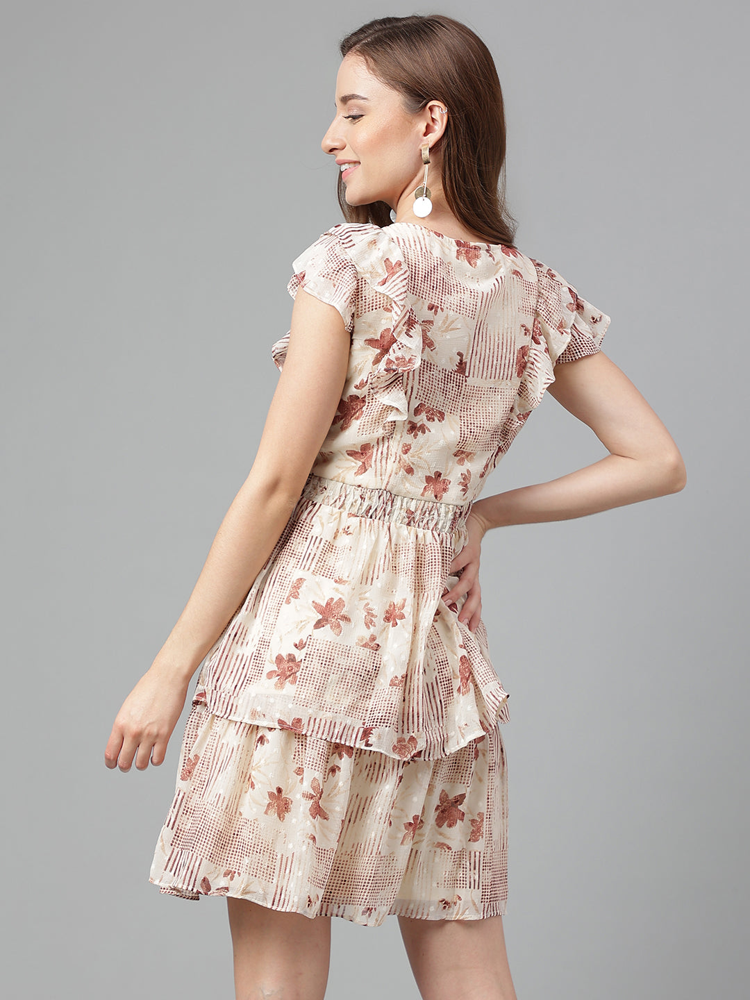 Beige Cap Sleeve Printed With Ruffles Dress