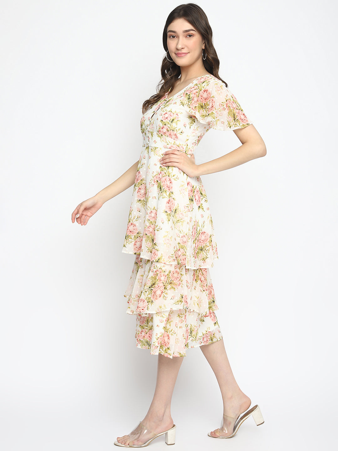 Red Short Sleeves V-Neck Printed Midi Dress For Casual Wear