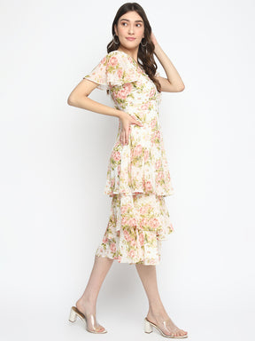 Red Short Sleeves V-Neck Printed Midi Dress For Casual Wear
