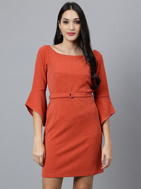 Orange Solid Half Sleeve Casual Dress