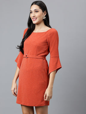 Orange Solid Half Sleeve Casual Dress