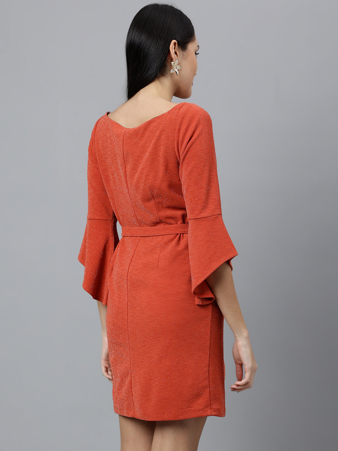 Orange Solid Half Sleeve Casual Dress