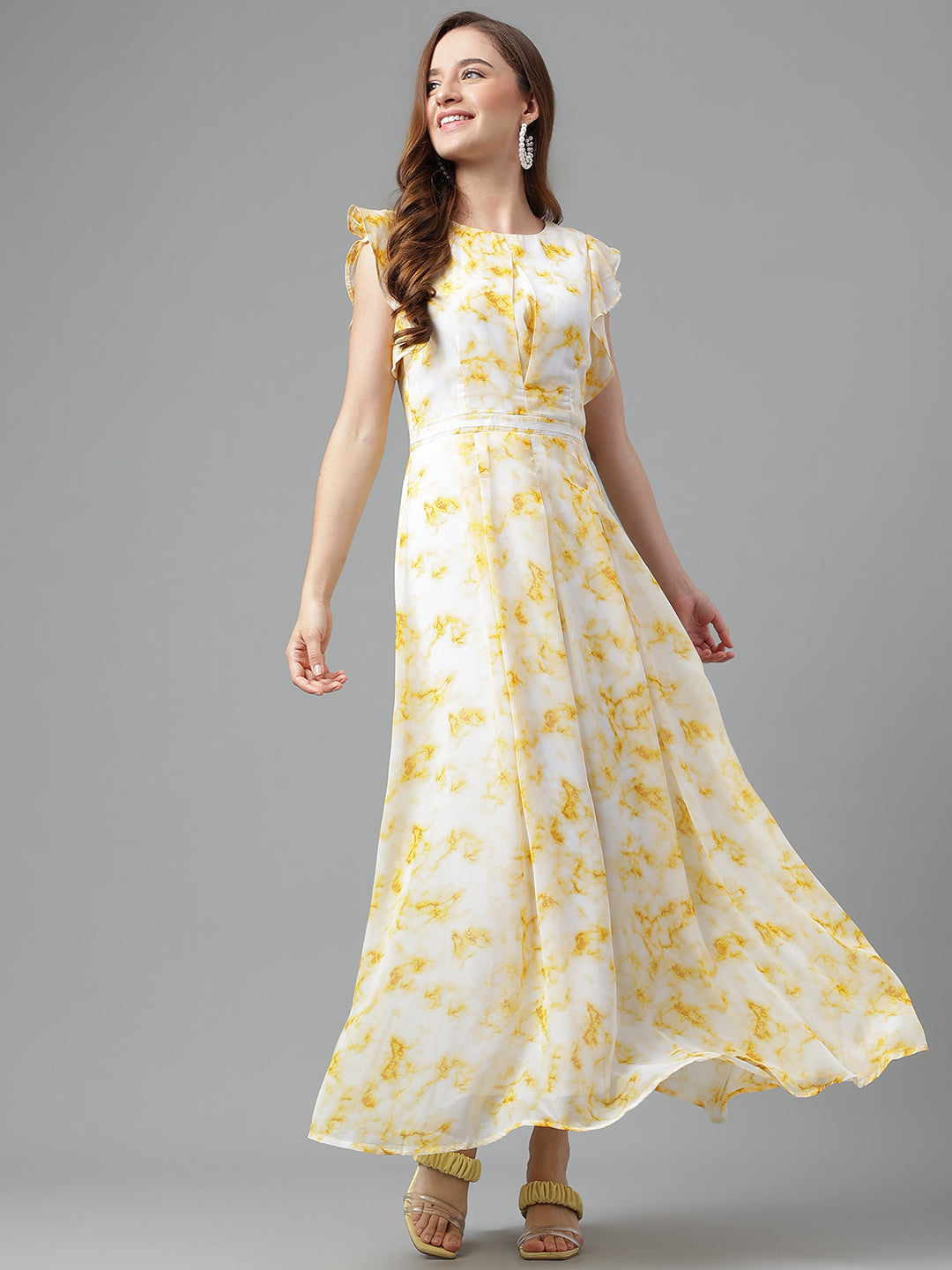 Yellow Cap Sleeve Printed Dress