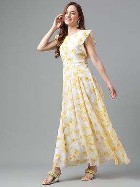 Latin Quarters Women's Yellow Ruffle Sleeve Round Neck Casual Printed Dress