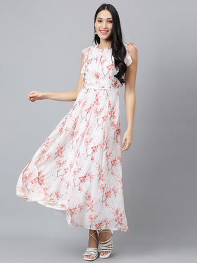 Latin Quarters Women Red Printed Ruffle Sleeve Casual Dress