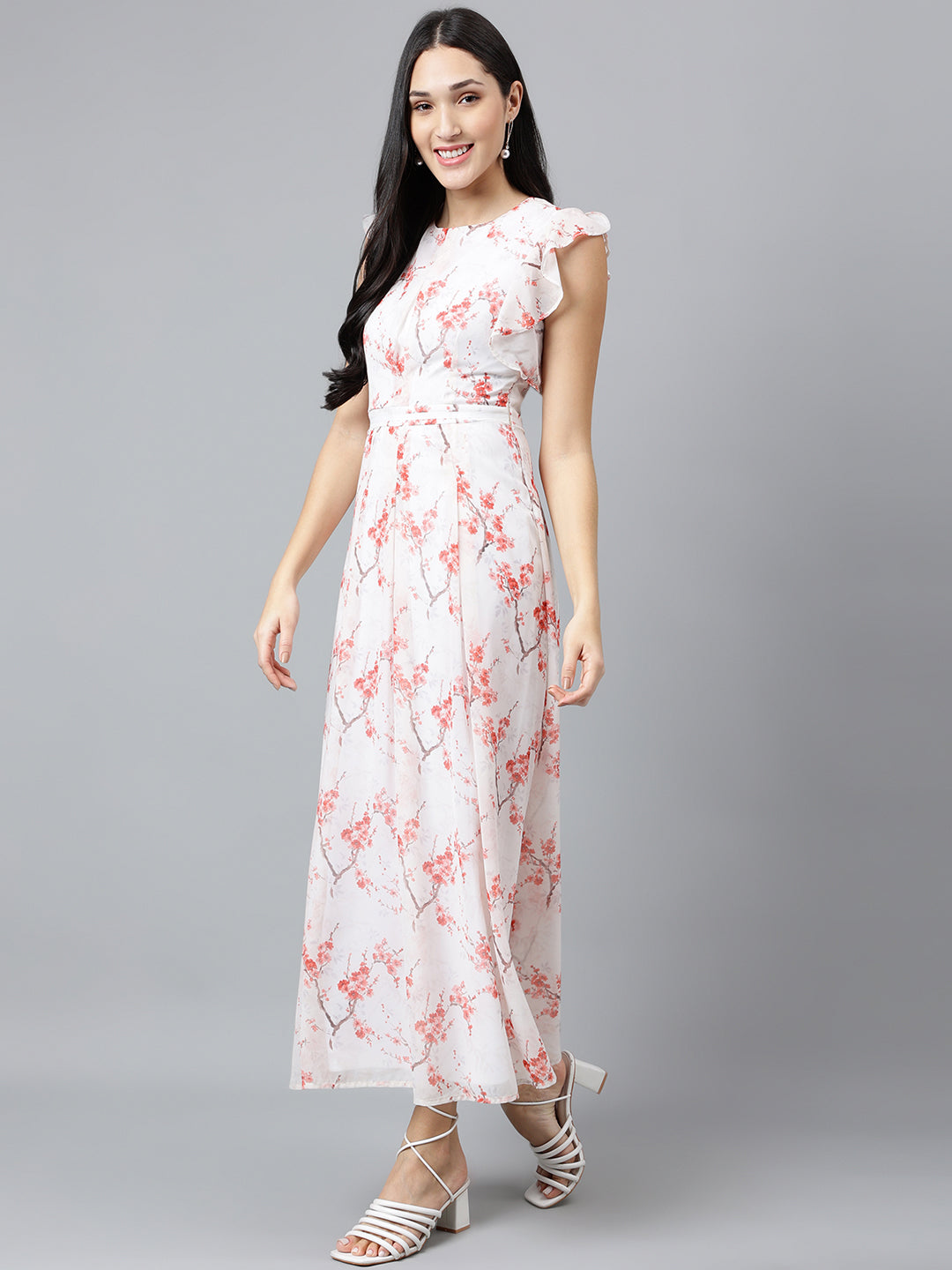 Latin Quarters Women Red Printed Ruffle Sleeve Casual Dress