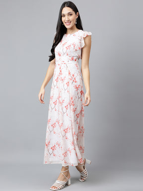Latin Quarters Women Red Printed Ruffle Sleeve Casual Dress