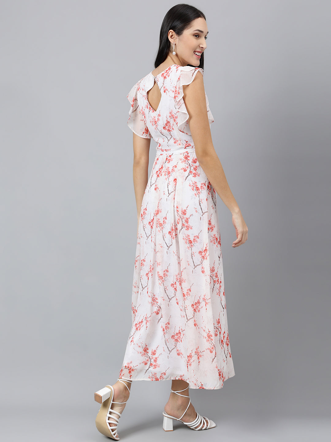 Latin Quarters Women Red Printed Ruffle Sleeve Casual Dress