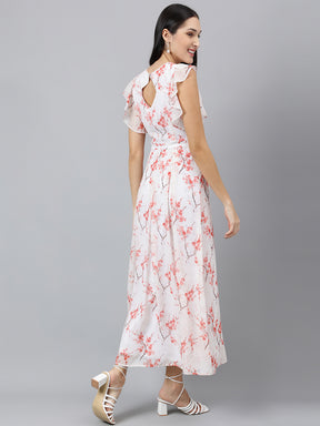 Latin Quarters Women Red Printed Ruffle Sleeve Casual Dress