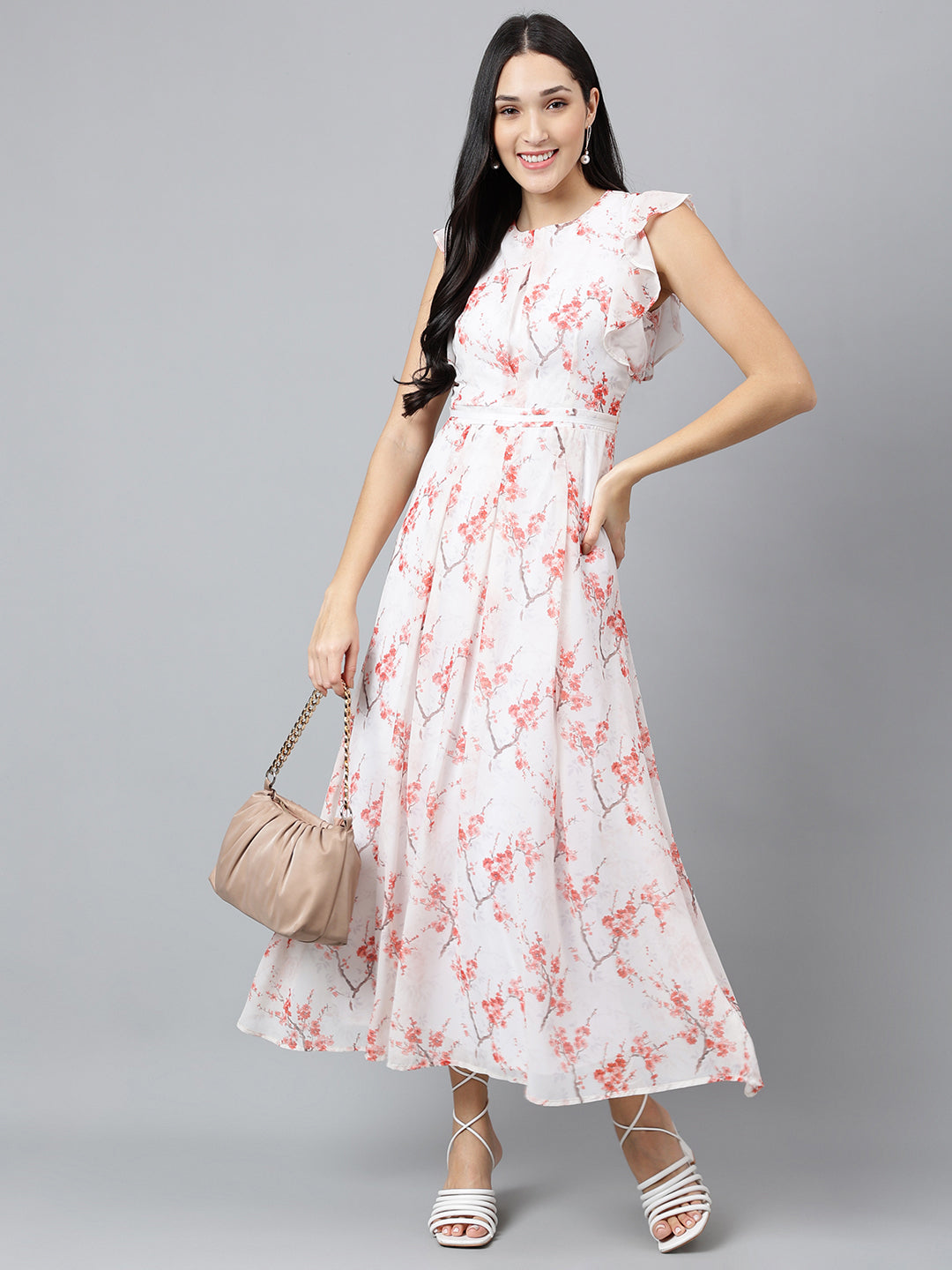 Latin Quarters Women Red Printed Ruffle Sleeve Casual Dress