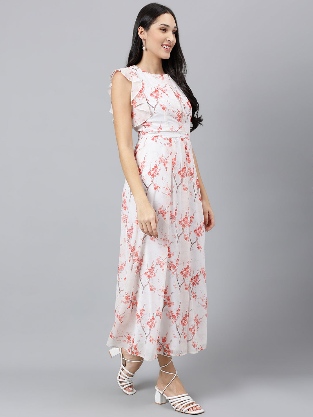 Latin Quarters Women Red Printed Ruffle Sleeve Casual Dress