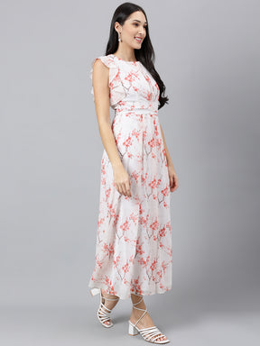Latin Quarters Women Red Printed Ruffle Sleeve Casual Dress