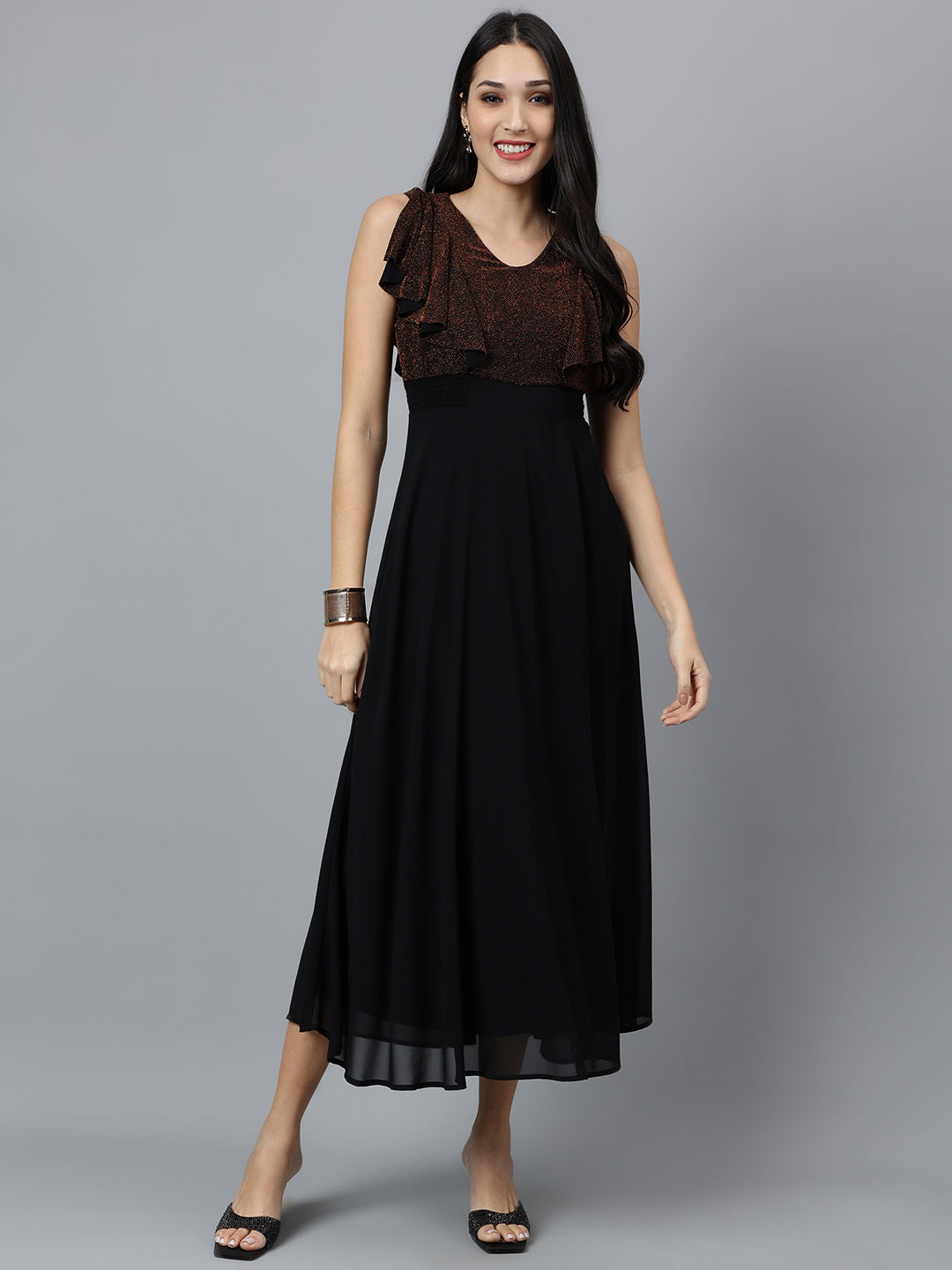 Copper Solid Cap Sleeve Party Dress