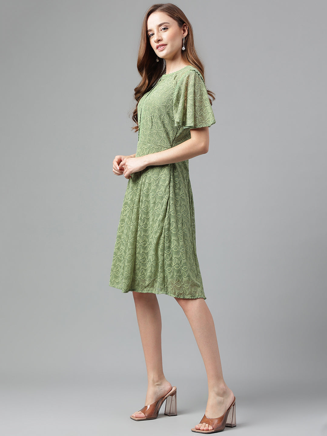 Green Half Sleeve Solid Dress