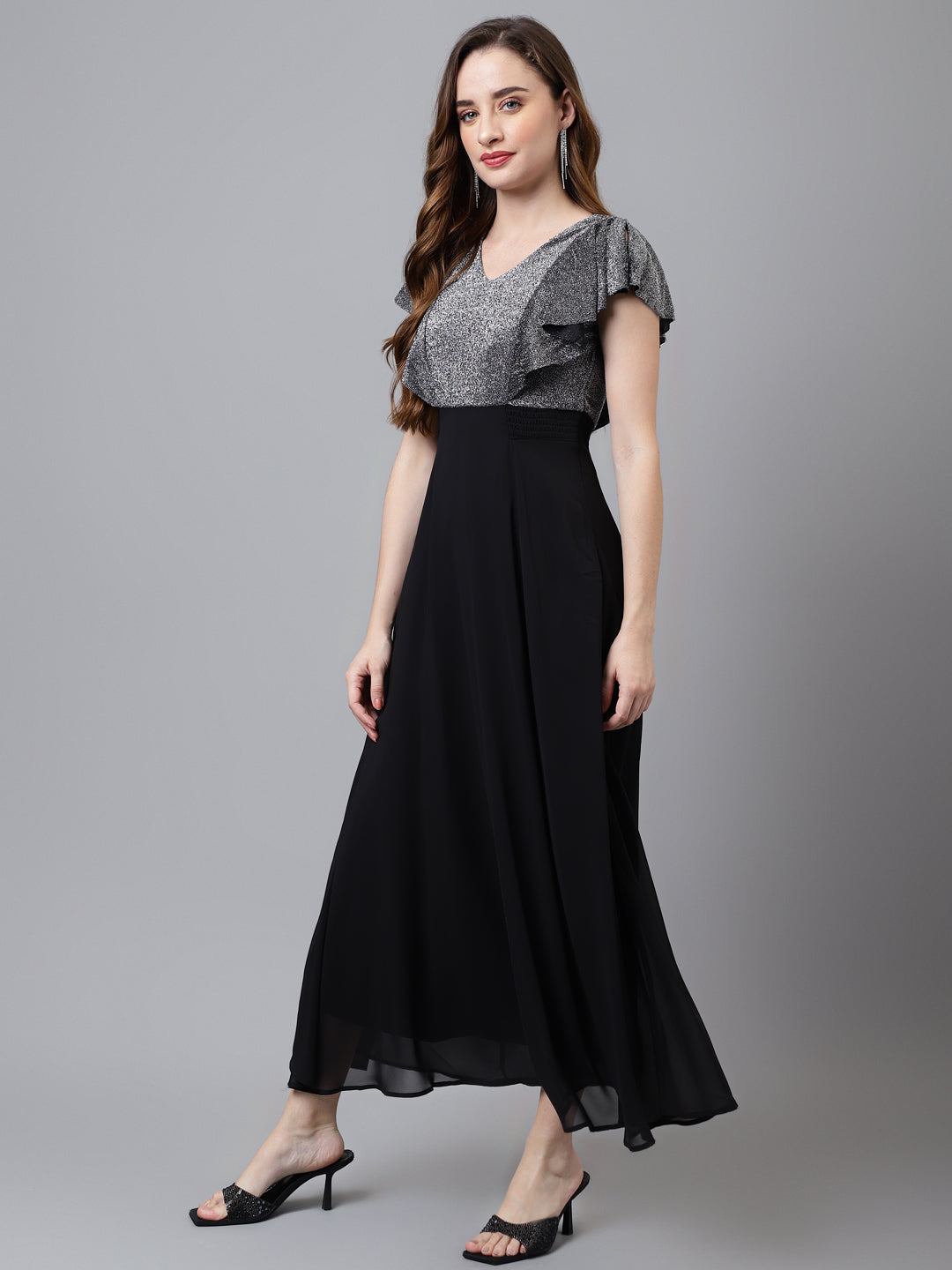 Black Cap Sleeve V-Neck Solid Women Maxi Dress for Party