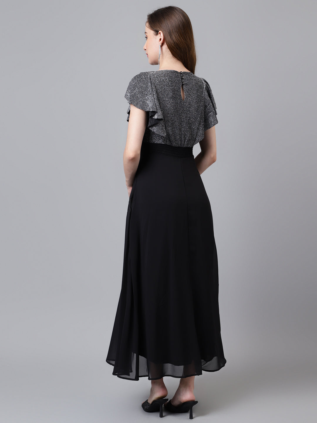 Black Cap Sleeve V-Neck Solid Women Maxi Dress for Party