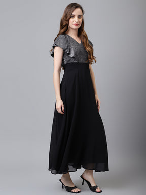Black Cap Sleeve V-Neck Solid Women Maxi Dress for Party