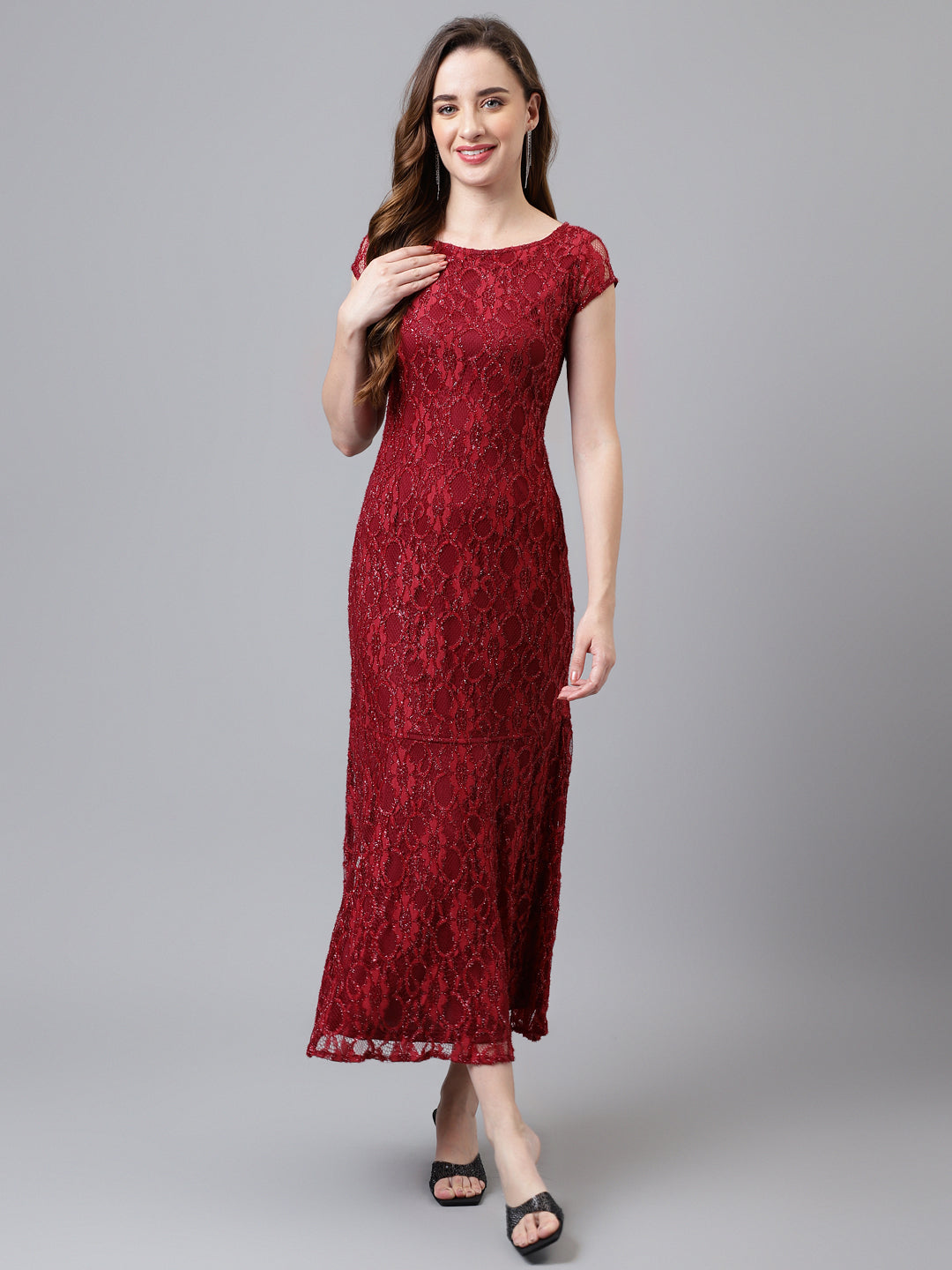 Wine Cap Sleeve Round Neck Solid Maxi Dress