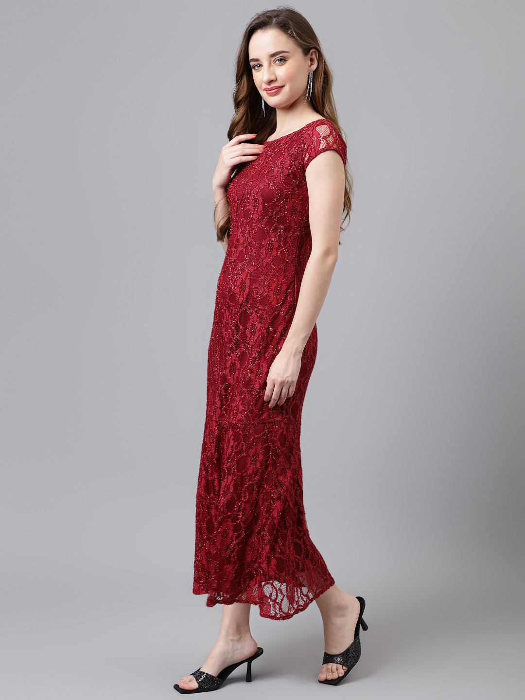 Wine Cap Sleeve Round Neck Solid Maxi Dress