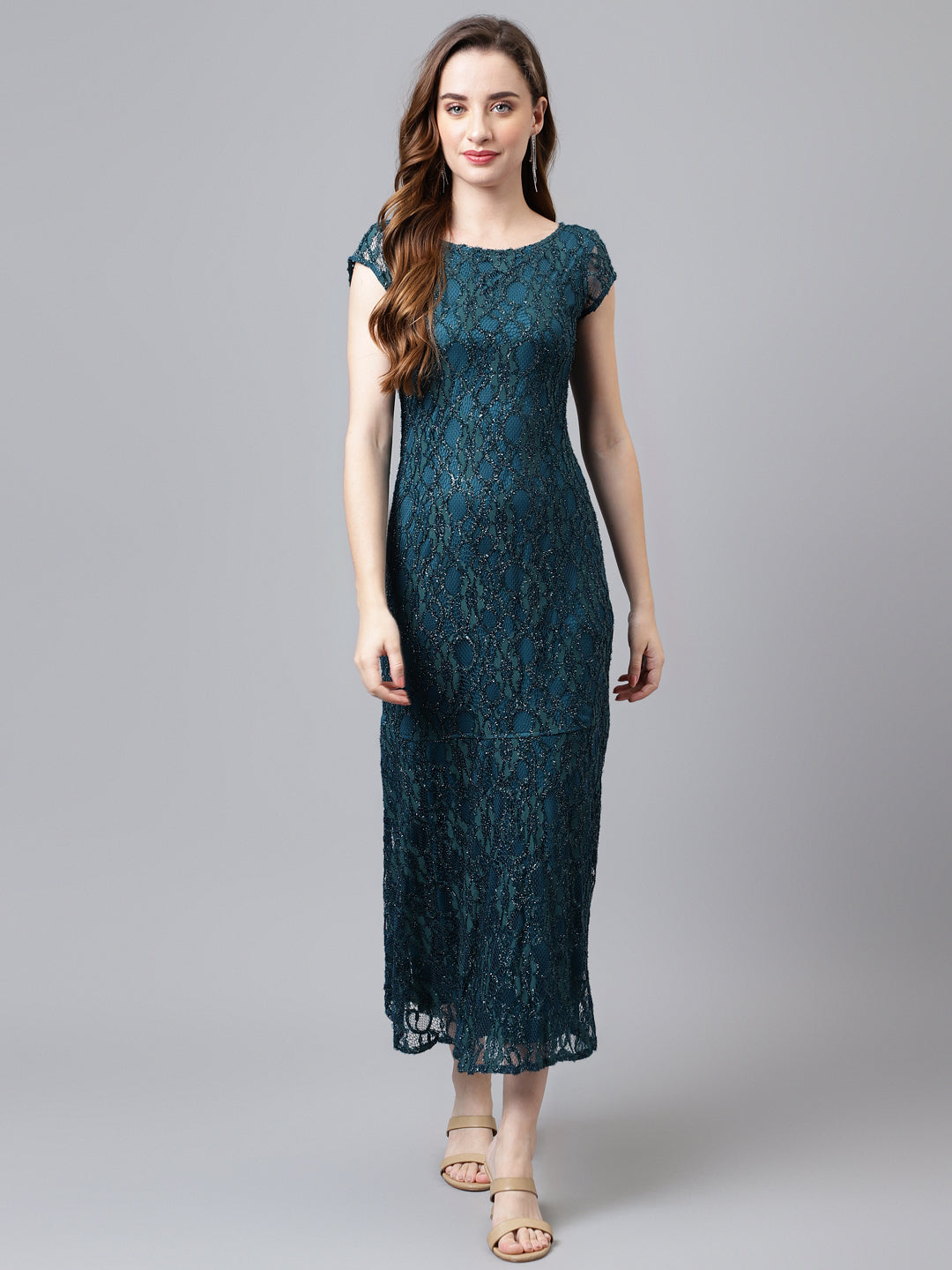 Greenforst Cap Sleeve Round Neck Solid Women Maxi Dress For Party