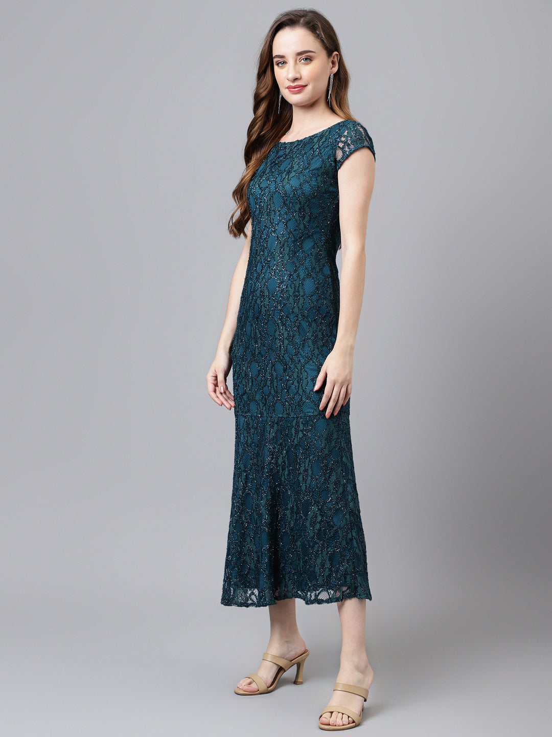 Greenforst Cap Sleeve Round Neck Solid Women Maxi Dress For Party