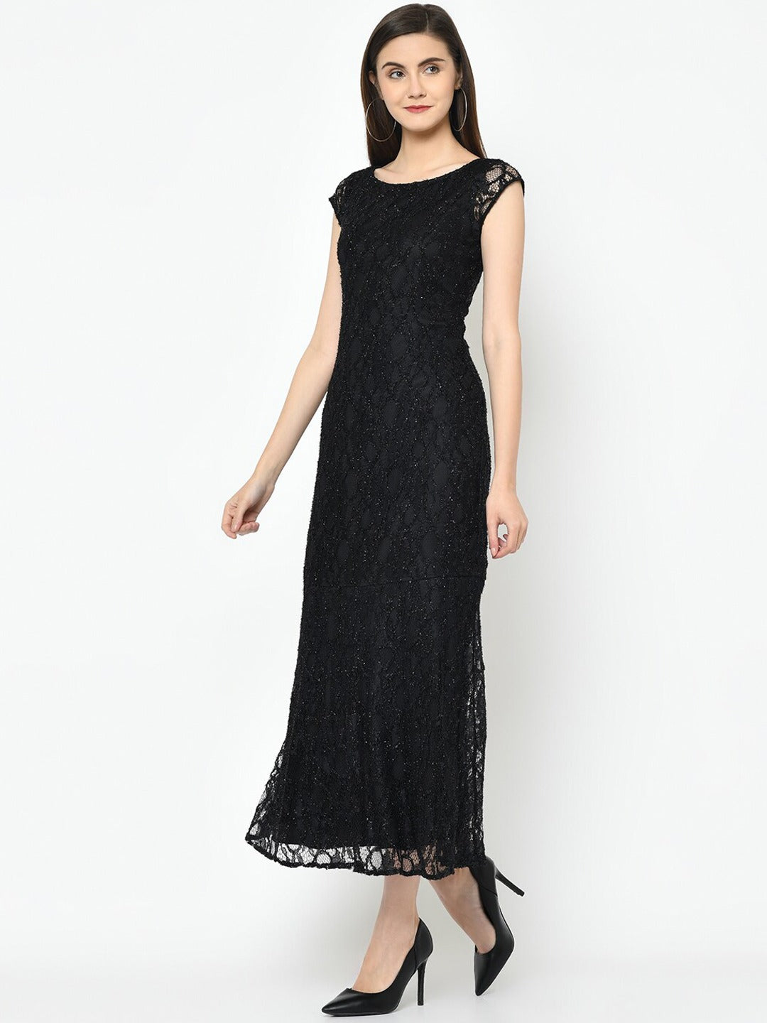 Black ShortSleeves Round Neck Solid Maxi Dress For Party Wear