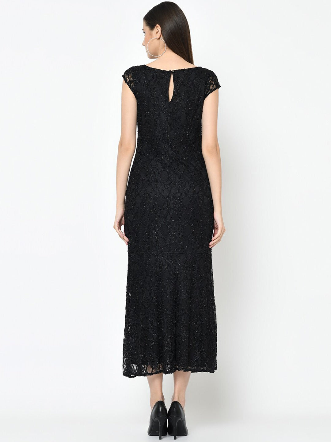 Black ShortSleeves Round Neck Solid Maxi Dress For Party Wear